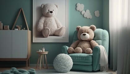 Cozy child's room with armchair, toys, teddy bear and wall decoration, generative ai