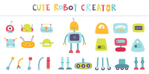 Cute robot constructor for kids. Custom cartoon character creator from parts. Vector set of robot elements.