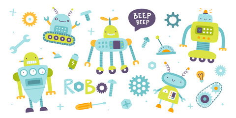 Cute robots set for kids. Cartoon funny robotic collection for baby boys. Funny cyborgs sticker bundle.