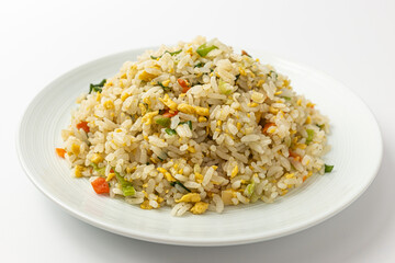 Egg fried rice on white background