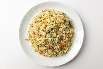 Egg fried rice on white background