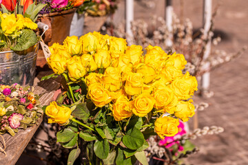 Different flowers and seedlings near the florist flower shop entrance, spring time, easter concept