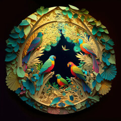 Paper cut craft paper illustration parrots in the jungle ,made with Generative AI
