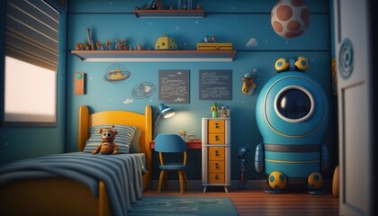 Bedroom with bookcase, cabinet, chair, and toy robot, generative ai