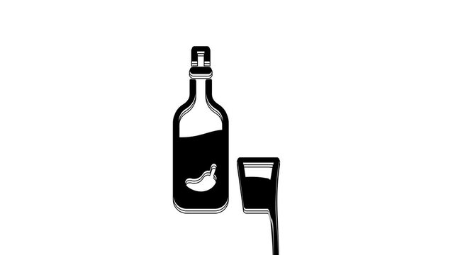 Black Vodka with pepper and glass icon isolated on white background. Ukrainian national alcohol. 4K Video motion graphic animation