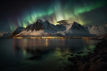 Fototapeta na wymiar Aurora borealis (Northern lights) over the sea with snowy mountains and city lights at night. Generative ai. 