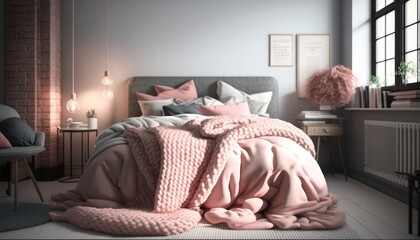 Teenager's bed with pink knitted blanket, generative ai