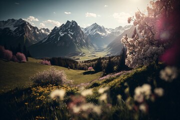 Idyllic mountain landscape with blooming meadows. Generative ai.