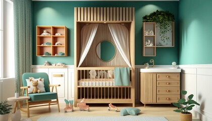 Decorative modern baby room with wooden crib bed and cabinet style, generative ai