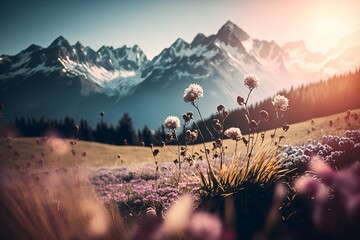 Idyllic mountain landscape with blooming meadows. Generative ai.