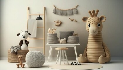 Kids room interior with wicker basket, plush animal toys, poster, wooden blockers, ladder, white stool, beige wall with stucco and personal accessories, generative ai