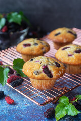 freshly baked homemade mulberry muffins cooling on rack.