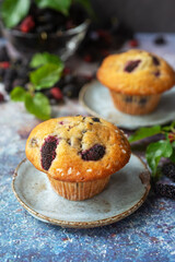 freshly baked homemade mulberry muffins on ceramic plate.