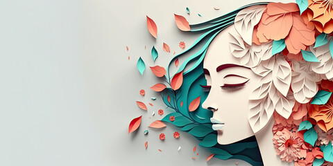 Woman's day with flowers and Copy space background, International Woman's day, modified illustration, papercut design with beautiful woman with copyspace