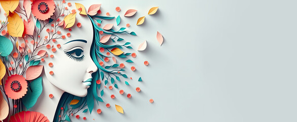 Woman's day paper cut with flowers and Copy space background, International Woman's day, beautiful woman with copy space