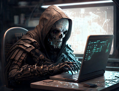 Anonymous robot hacker with skull mask typing computer laptop. Concept of hacking cybersecurity, cybercrime, cyberattack, etc.