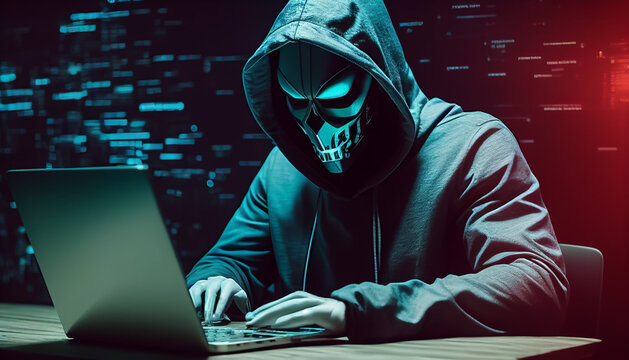 Anonymous robot hacker typing computer laptop. Concept of hacking cybersecurity, cybercrime, cyberattack, etc.