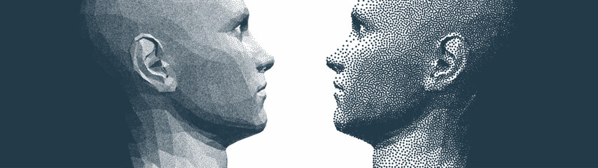 Two opponents facing each other. People talk face to face. Illustration of the communication between two humans. Battle with yourself. Model with stipple effect. 3D vector for cover.