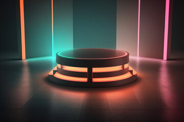 neon light product background stage or podium pedestal on grunge street floor with glow spotlight and blank display platform. 3D rendering