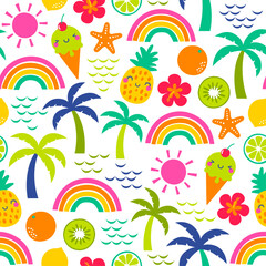 Cute colorful hand drawn tropical fruit , palm tree and rainbow seamless pattern for summer holidays background.