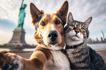 cat and dog taking a selfie shot in new york. generative ai