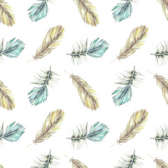 Feathers seamless pattern. Watercolor illustration. Isolated on a white background. Boho style print. For the design of bed linen, pillows, wrapping paper, napkins, towels, fabric