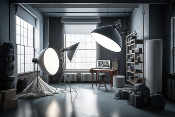 photo studio with professional lighting equipment as flashes and reflectors. generative ai