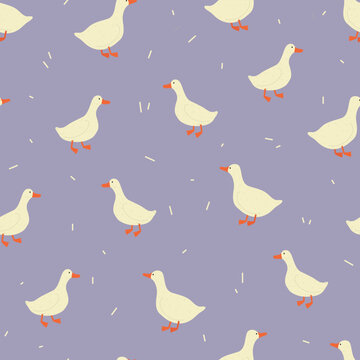 Seamless Cartoon Colorful Hand Drawn Goose Pattern For Fabric Textile Or Wrapping Paper. Cute Cartoon Vector Illustration For Children 