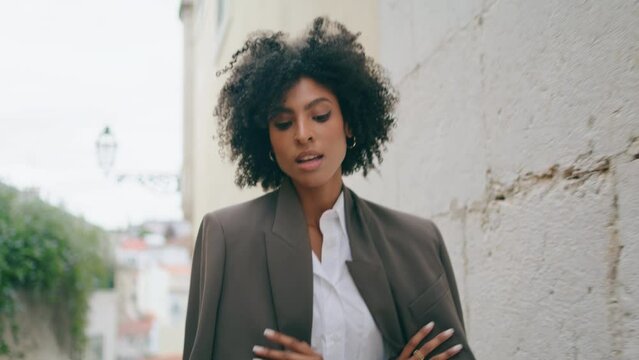 Business woman hurrying street going on friends meeting closeup. Girl spinning