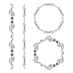 Hand drawn floral patterns. Line and round line borders, leaves and flower elements. Floral Wreath with leaves round frame. Floral circle vector isolated on white background. For wedding invitations