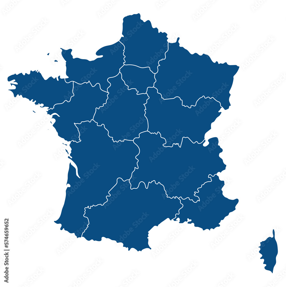 Poster France or French map with blue and transparent background division 13 regions. Vector Illustrator.