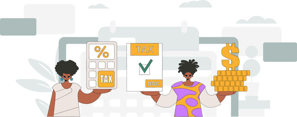 Fashionable girl and guy demonstrate paying taxes. An illustration demonstrating the importance of paying taxes for economic development.