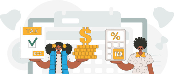 Fashionable girl and guy are engaged in paying taxes. An illustration demonstrating the importance of paying taxes for economic development.