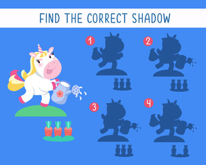 Find correct shadow. Puzzle for kids. Activity, vector illustration. Cute isolated unicorn play with kite.