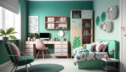 Child's room with, closet, desk and wall decoration, generative ai 