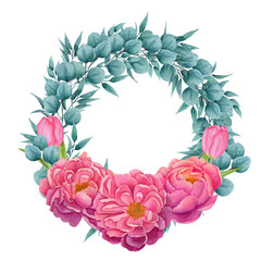 Watercolor round wreath with eucalyptus and peonies. Herbs for greeting cards, wedding invitations, posters, saving dates or making greetings. A place for your text.

