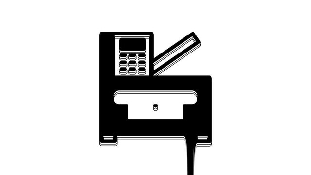 Black Office multifunction printer copy machine icon isolated on white background. 4K Video motion graphic animation