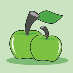 Vector or Illustration of icon fruit. Two green apples side by side with leaves attached to stems. For background and textured.