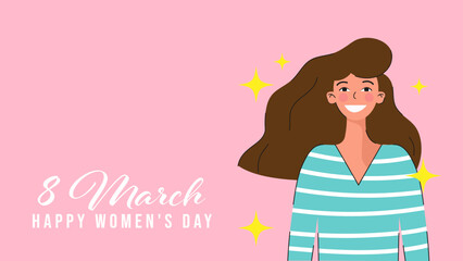 International Women's Day. Greeting card with happy smiling woman.
