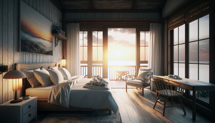 Holidays in a tropical island, luxury hotel resort. Beach bungalow bedroom interior, ocean view at sunrise. Generative AI
