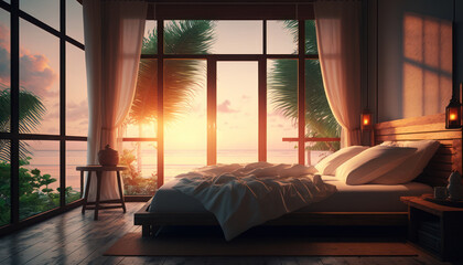 Holidays in a tropical island, luxury hotel resort. Beach bungalow bedroom interior, ocean view at sunset. Generative AI