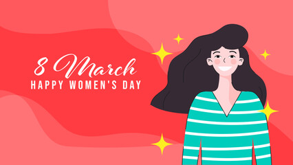 International Women's Day. Greeting card with happy smiling woman.