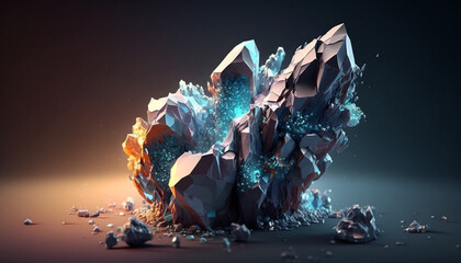 A strange space stone, frozen with elements of ice. outer space background. Generative AI.