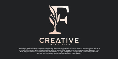 Initial letter F with Beautiful floral alphabet monoline logo design Premium Vektor