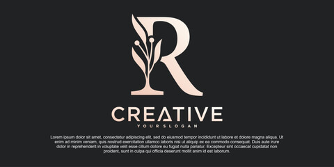 Initial letter R with Beautiful floral alphabet monoline logo design Premium Vektor