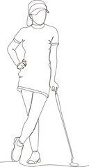 One line drawing of young female golf player swinging golf club and hitting ball. Relax sport concept. Tournament promotion design vector graphic illustration