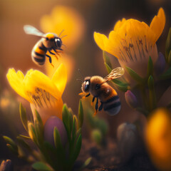 bees collecting pollen from a flower generative ai