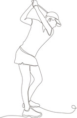 One line drawing of young female golf player swinging golf club and hitting ball. Relax sport concept. Tournament promotion design vector graphic illustration