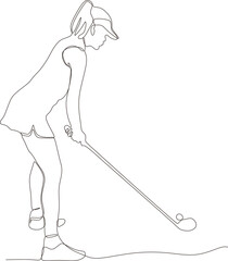 One line drawing of young female golf player swinging golf club and hitting ball. Relax sport concept. Tournament promotion design vector graphic illustration