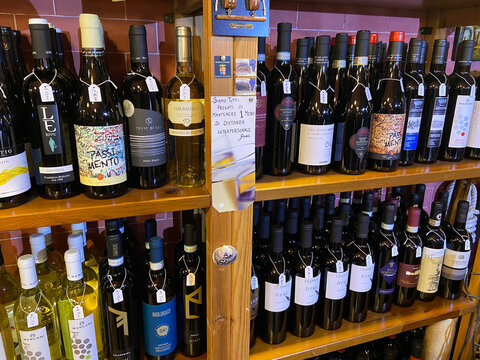Venice, Italy - February 13, 2023: rack with various bottles with local wines in wine shop in Venice city